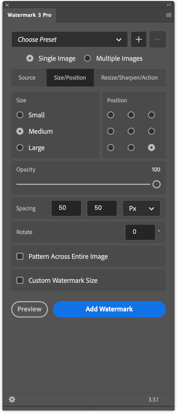 Size and Position tab with controls for size preset, position grid, opacity, spacing, rotate, pattern, and custom size